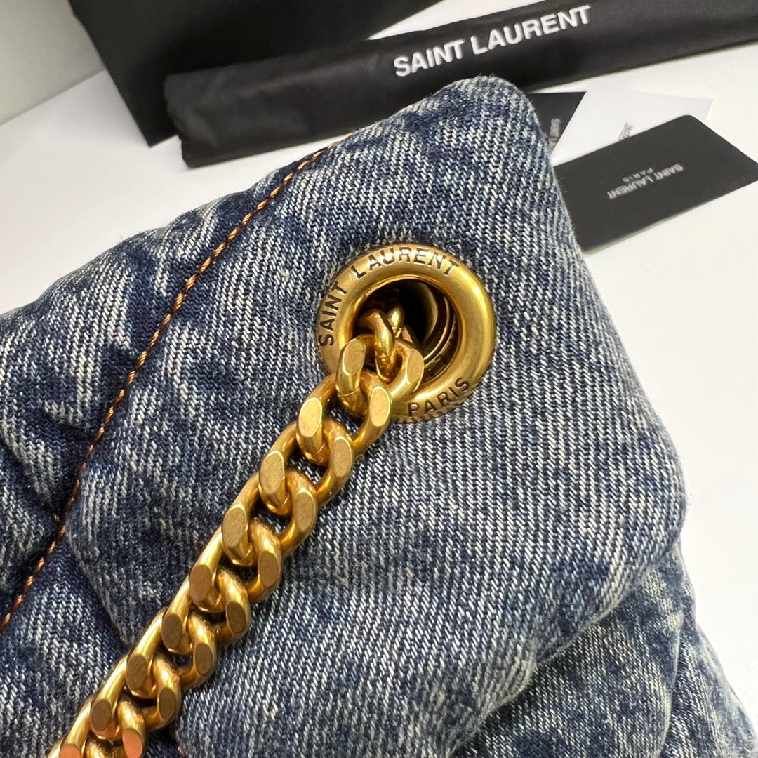 Luxury Saint Laurent PUFFER BAG 29 IN BLUE GRADIENT DENIM GOLD HARDWARE