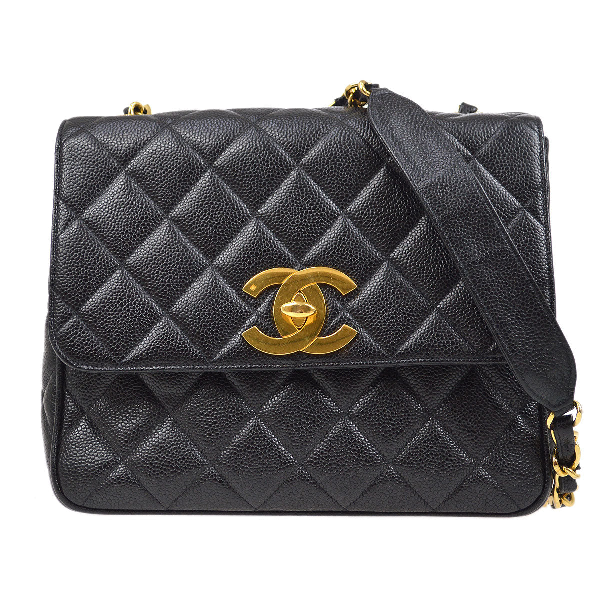 CHANEL 1994-1996 Big CC Straight Flap Bag Medium Black Caviar 84105