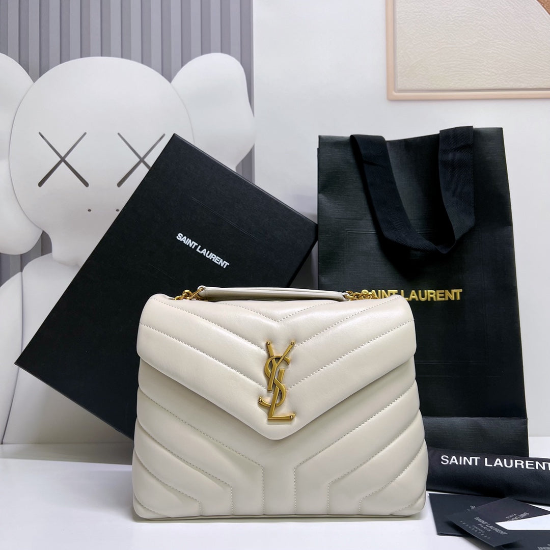 Luxury Saint Laurent LOULOU SMALL 25 IN WHITE LAMBSKIN GOLD HARDWARE
