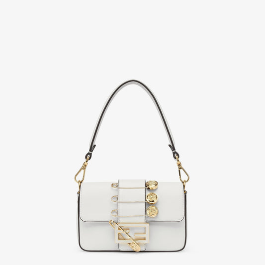 Luxury FendiLuxury FendiFENDACE BROOCH MINI 20 BAGUETTE BAG IN WHITE CALFSKIN