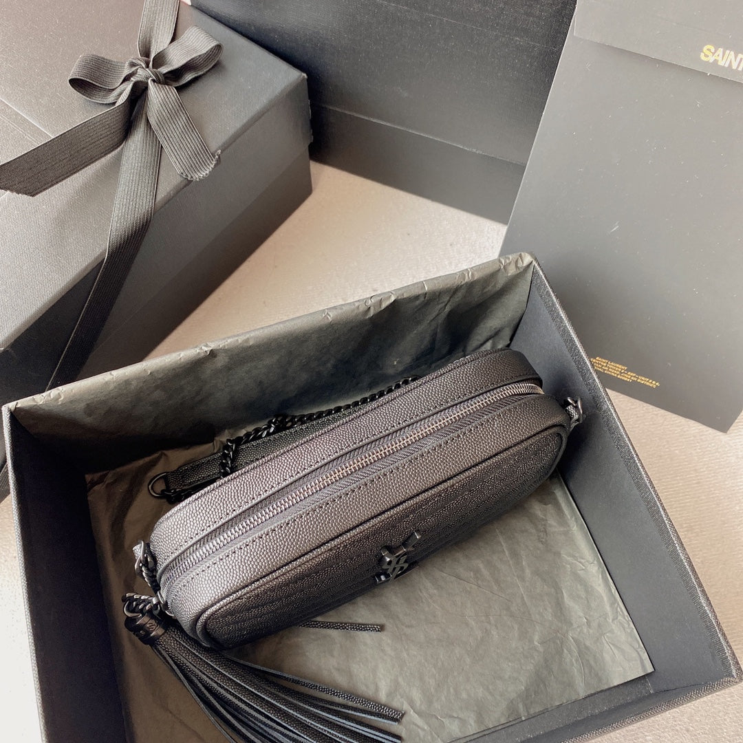 Luxury Saint Laurent LOU MINI CAMERA BAG 19 IN BLACK CAVIAR PATTERN CALFSKIN BLACK HARDWARE