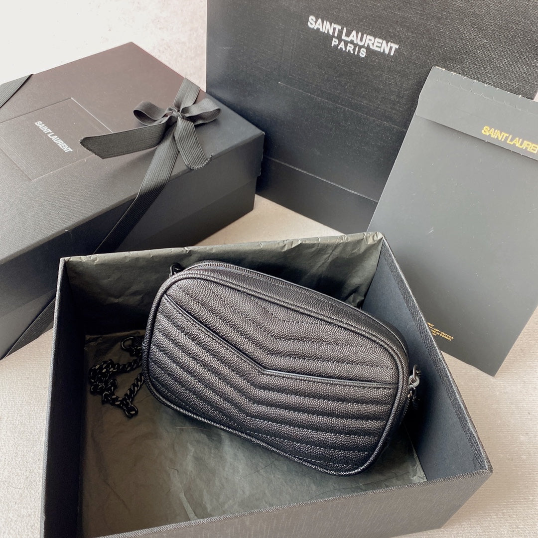 Luxury Saint Laurent LOU MINI CAMERA BAG 19 IN BLACK CAVIAR PATTERN CALFSKIN BLACK HARDWARE