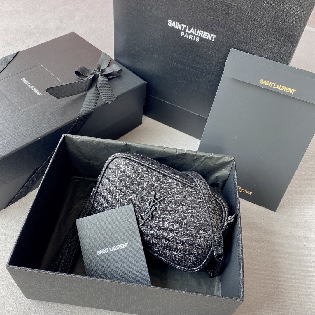 Luxury Saint Laurent LOU MINI CAMERA BAG 19 IN BLACK CAVIAR PATTERN CALFSKIN BLACK HARDWARE