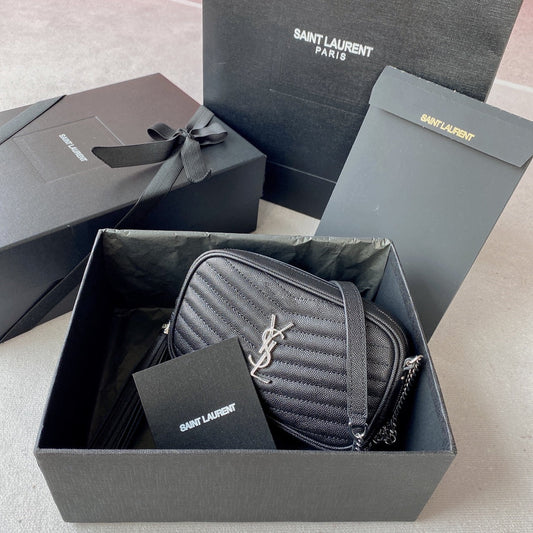 Luxury Saint Laurent LOU MINI CAMERA BAG 19 IN BLACK CAVIAR PATTERN CALFSKIN SILVER HARDWARE