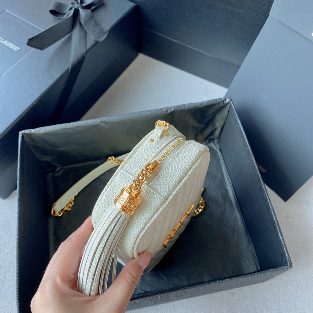 Luxury Saint Laurent LOU MINI CAMERA BAG 19 IN WHITE CAVIAR PATTERN CALFSKIN GOLD HARDWARE