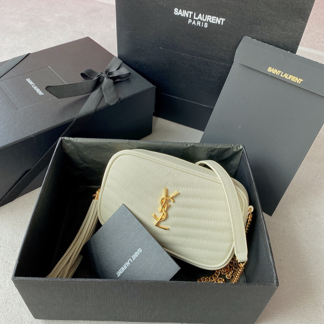 Luxury Saint Laurent LOU MINI CAMERA BAG 19 IN WHITE CAVIAR PATTERN CALFSKIN GOLD HARDWARE