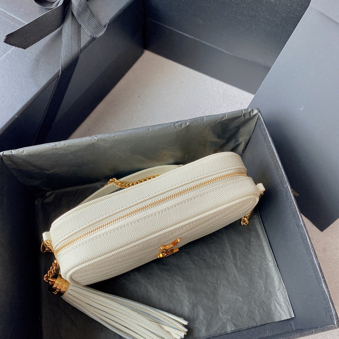 Luxury Saint Laurent LOU MINI CAMERA BAG 19 IN WHITE CAVIAR PATTERN CALFSKIN GOLD HARDWARE