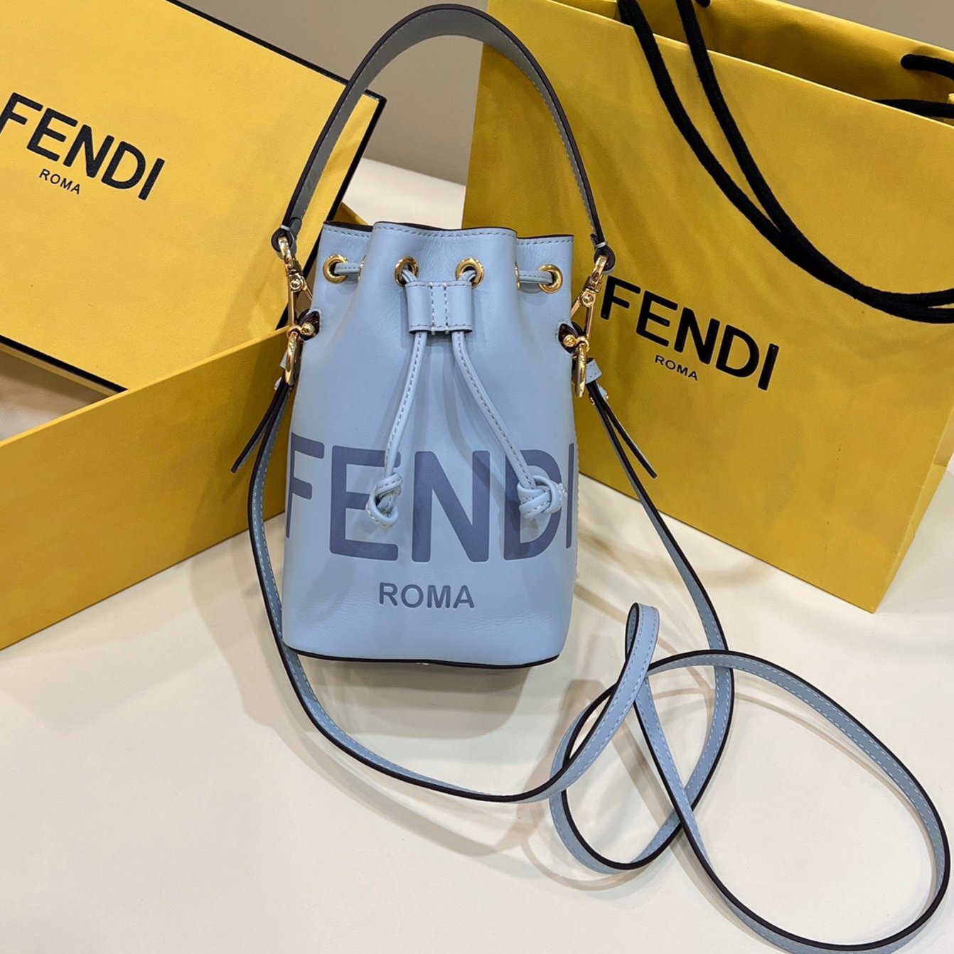Luxury FendiMON TRESOR MINI 18 BAG IN LIGHT BLUE CALFSKIN FF WITH GOLD HARDWARE