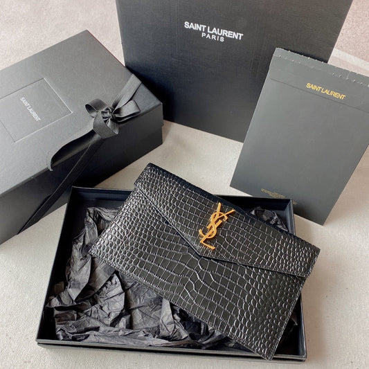 Luxury Saint Laurent UPTOWN POUCH 27 IN BLACK CROCODILE-EMBOSSED SHINY CALFSKIN GOLD LOGO