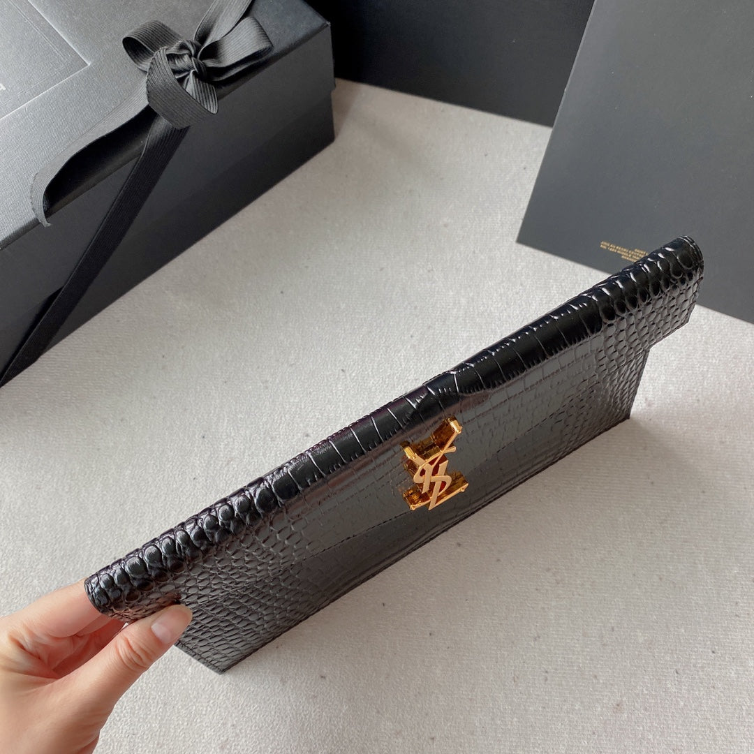 Luxury Saint Laurent UPTOWN POUCH 27 IN BLACK CROCODILE-EMBOSSED SHINY CALFSKIN GOLD LOGO