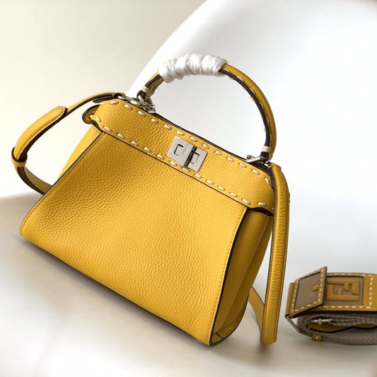 Luxury FendiPeekaboo Mini Selleria Bag 23cm yellow leather shw with 220 hand-sewn stitches