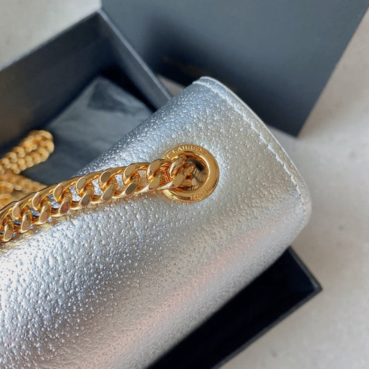 Luxury Saint Laurent kate medium 24cm silver metalic calfskin gold hardware