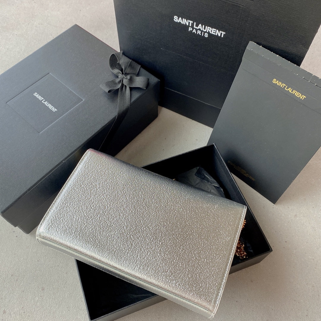 Luxury Saint Laurent kate medium 24cm silver metalic calfskin gold hardware