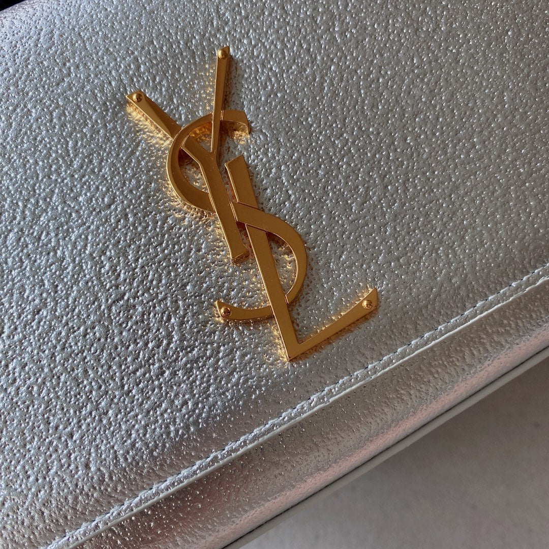 Luxury Saint Laurent kate medium 24cm silver metalic calfskin gold hardware