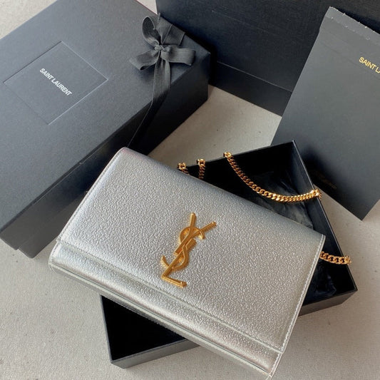 Luxury Saint Laurent kate medium 24cm silver metalic calfskin gold hardware