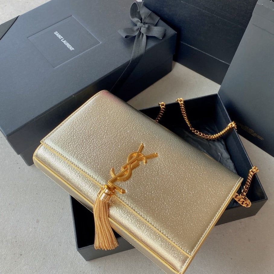 Luxury Saint Laurent kate medium 24cm gold metalic calfskin gold hardware