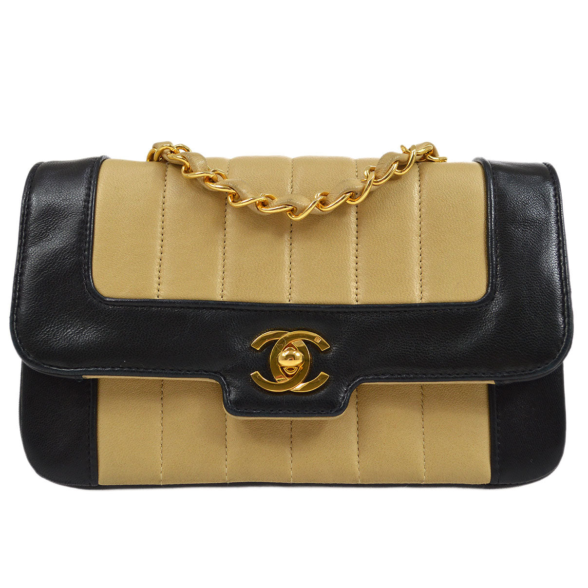 CHANEL★ 1993 Vertical Border Flap Mini Beige Black Lambskin 64721