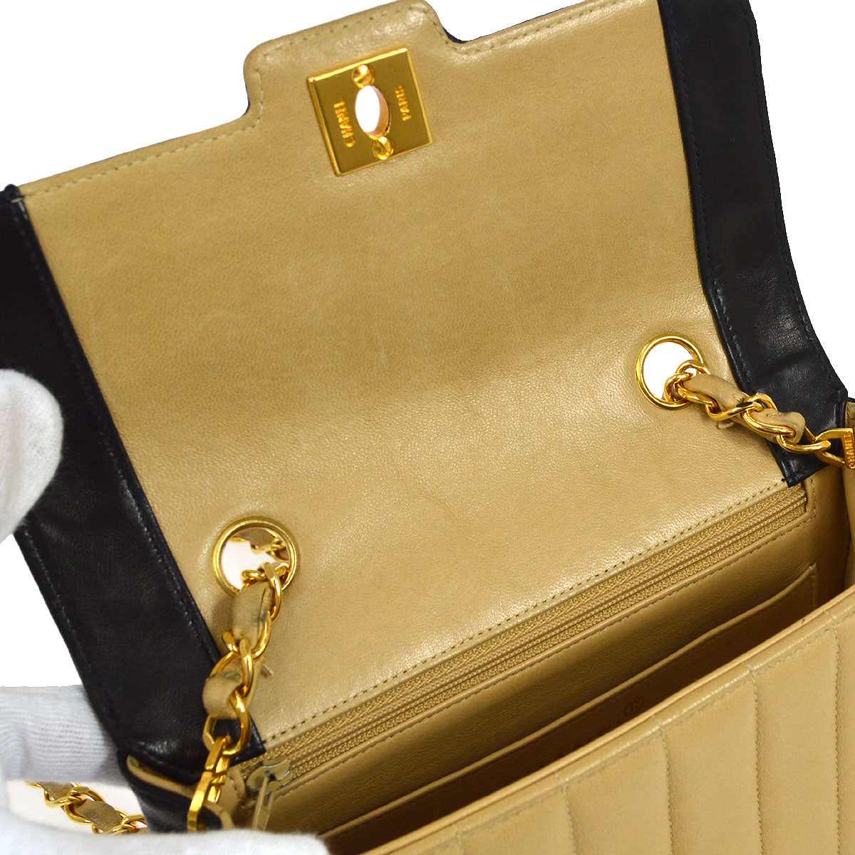 CHANEL★ 1993 Vertical Border Flap Mini Beige Black Lambskin 64721