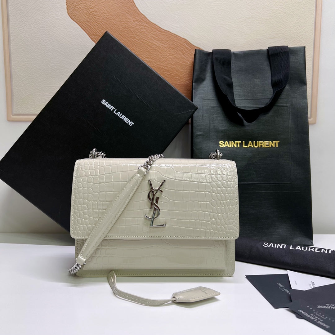 Luxury Saint Laurent SUNSET MEDIUM 22 IN WHITE CROCODILE PATTERN CALFSKIN SILVER HARDWARE