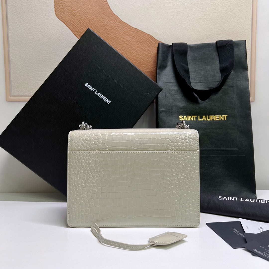 Luxury Saint Laurent SUNSET MEDIUM 22 IN WHITE CROCODILE PATTERN CALFSKIN SILVER HARDWARE