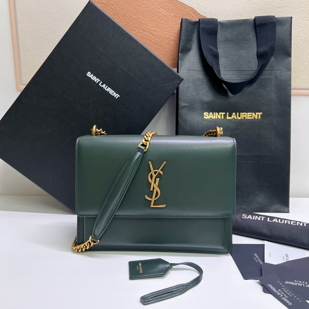 Luxury Saint Laurent SUNSET MEDIUM 22 IN DARK GREEN CALFSKIN GOLD HARDWARE