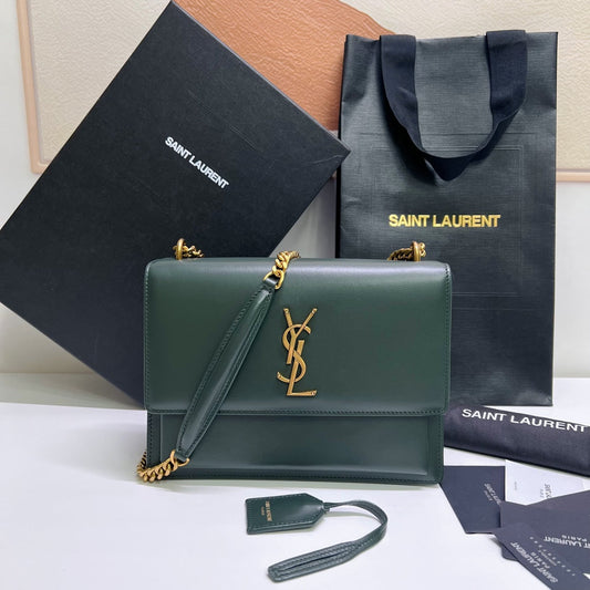 Luxury Saint Laurent SUNSET MEDIUM 22 IN DARK GREEN CALFSKIN GOLD HARDWARE