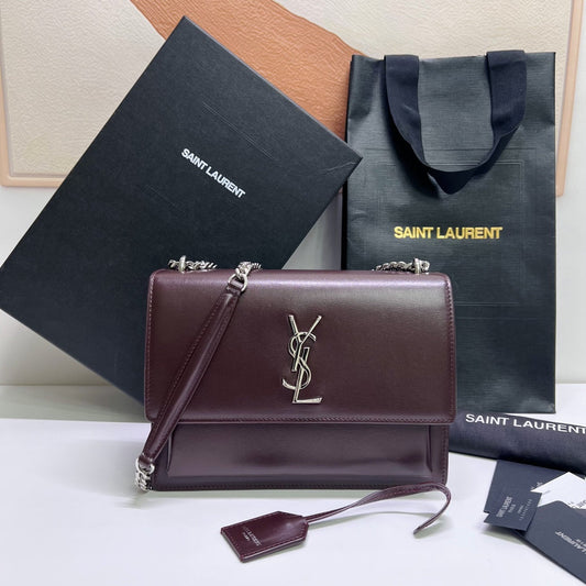 Luxury Saint Laurent SUNSET MEDIUM 22 IN MAROON CALFSKIN SILVER HARDWARE