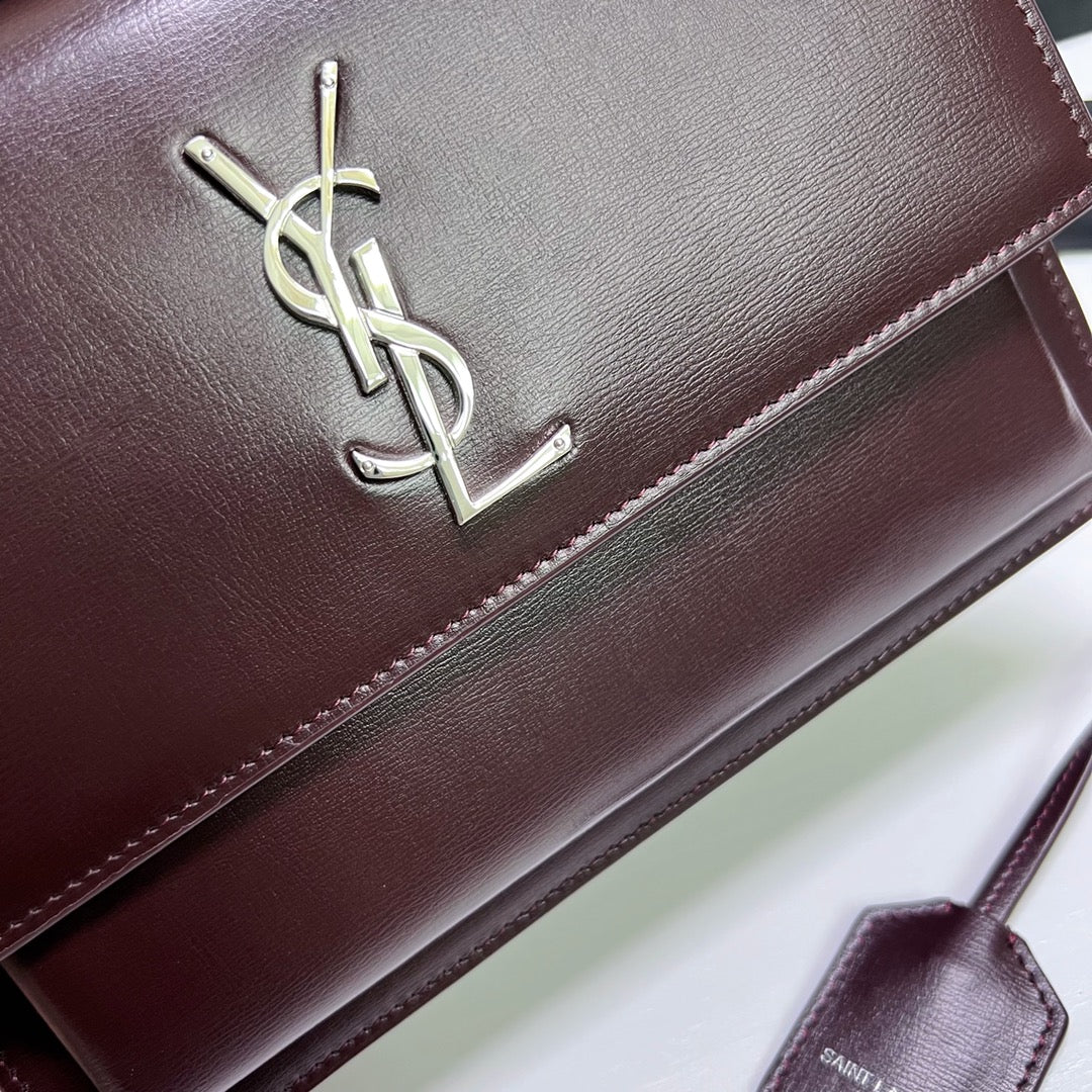 Luxury Saint Laurent SUNSET MEDIUM 22 IN MAROON CALFSKIN SILVER HARDWARE