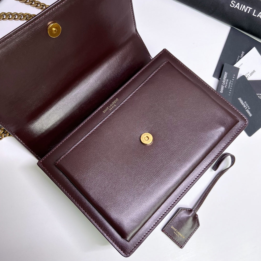 Luxury Saint Laurent SUNSET MEDIUM 22 IN MAROON CALFSKIN GOLD HARDWARE