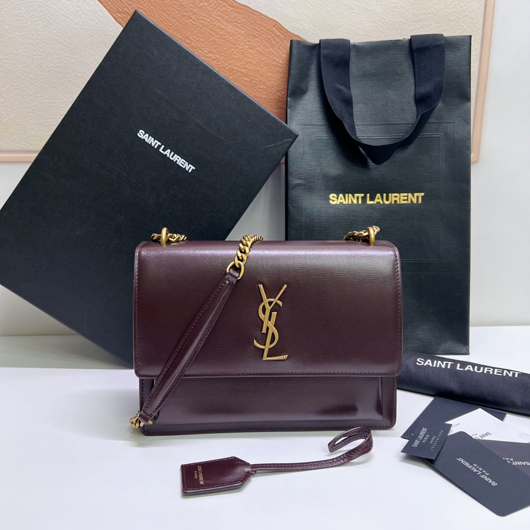 Luxury Saint Laurent SUNSET MEDIUM 22 IN MAROON CALFSKIN GOLD HARDWARE