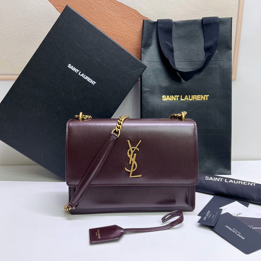 Luxury Saint Laurent SUNSET MEDIUM 22 IN MAROON CALFSKIN GOLD HARDWARE