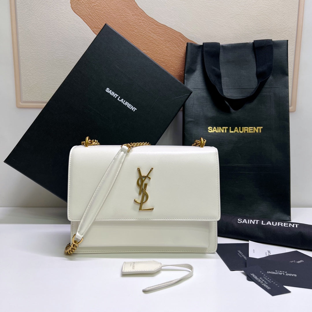 Luxury Saint Laurent SUNSET MEDIUM 22 IN WHITE CALFSKIN GOLD HARDWARE