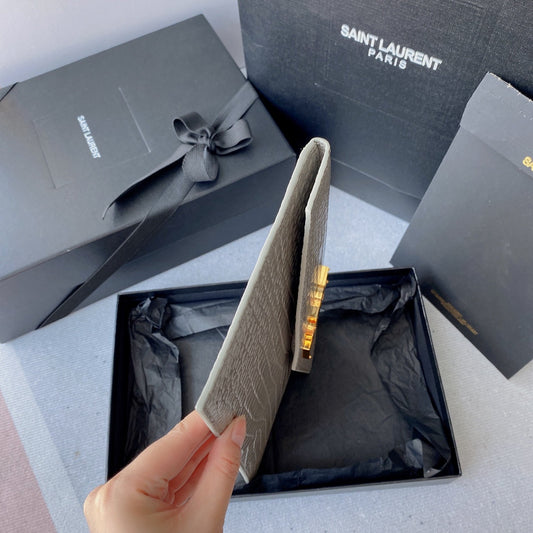 Luxury Saint Laurent UPTOWN POUCH 27 IN PASTEL GRAY CROCODILE-EMBOSSED SHINY CALFSKIN GOLD LOGO