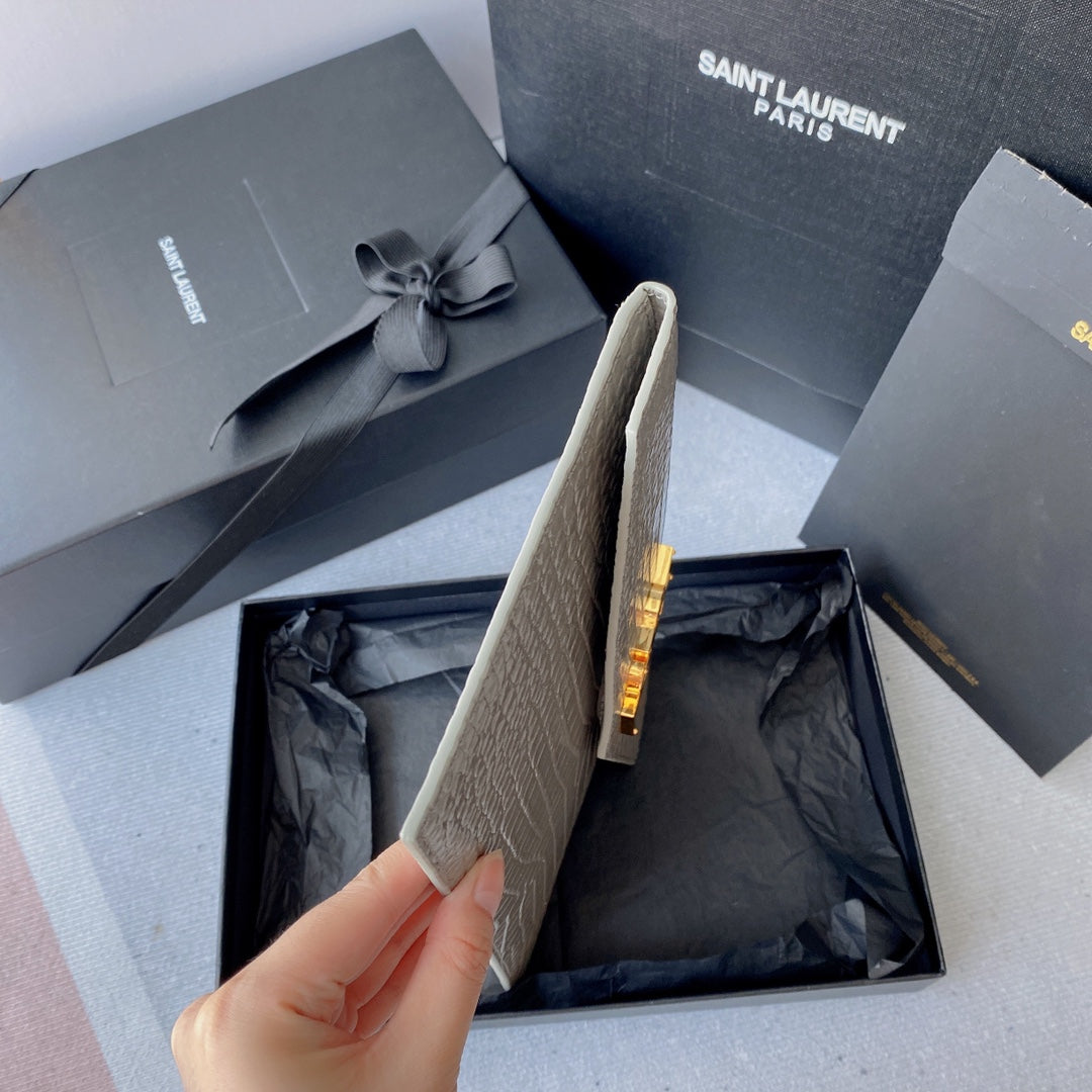 Luxury Saint Laurent UPTOWN POUCH 27 IN PASTEL GRAY CROCODILE-EMBOSSED SHINY CALFSKIN GOLD LOGO