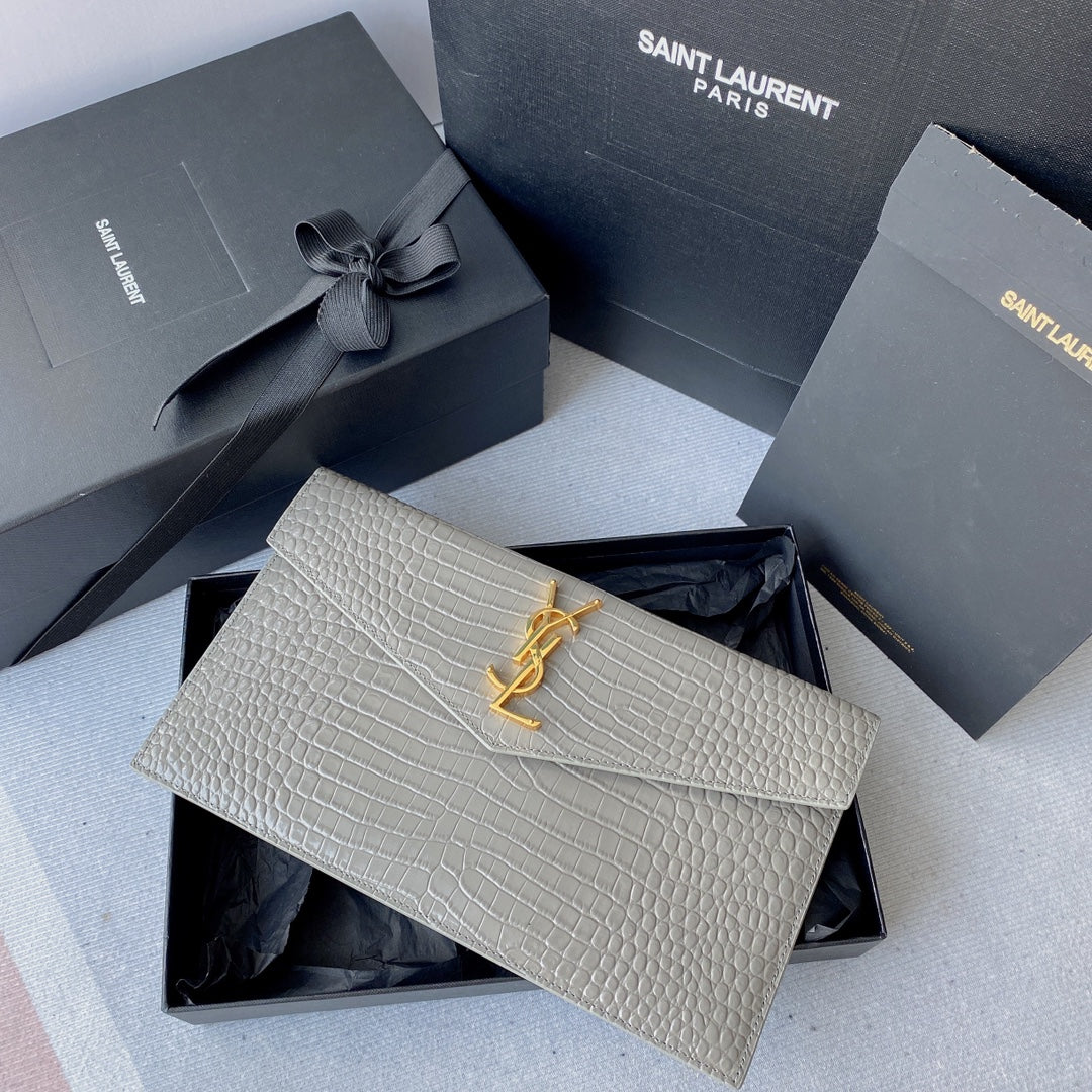 Luxury Saint Laurent UPTOWN POUCH 27 IN PASTEL GRAY CROCODILE-EMBOSSED SHINY CALFSKIN GOLD LOGO
