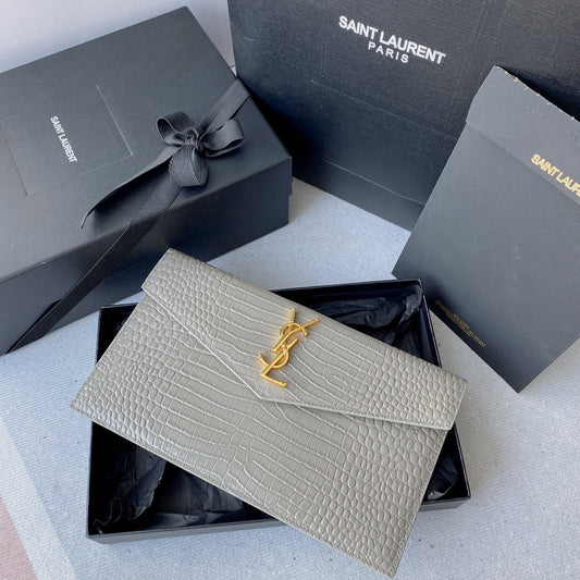 Luxury Saint Laurent UPTOWN POUCH 27 IN PASTEL GRAY CROCODILE-EMBOSSED SHINY CALFSKIN GOLD LOGO