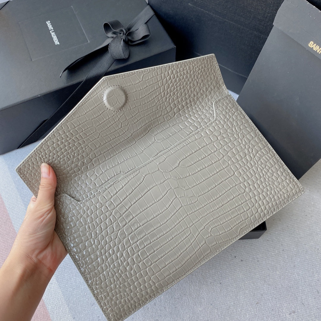 Luxury Saint Laurent UPTOWN POUCH 27 IN PASTEL GRAY CROCODILE-EMBOSSED SHINY CALFSKIN GOLD LOGO