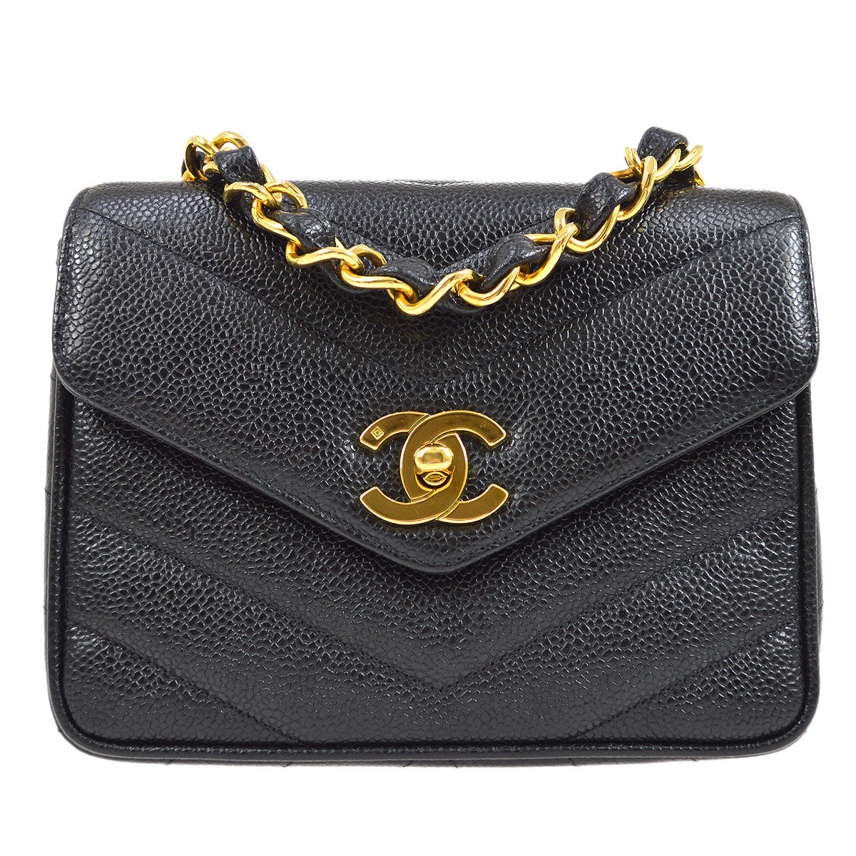 CHANEL★ 1994-1996 Black Caviar Chevron Letter Flap Bag 75337