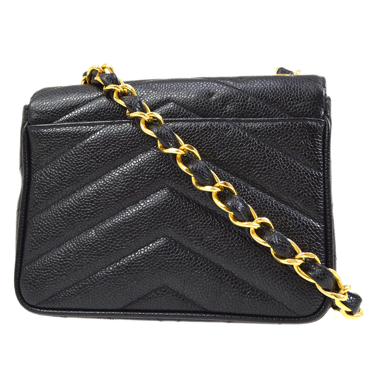 CHANEL★ 1994-1996 Black Caviar Chevron Letter Flap Bag 75337