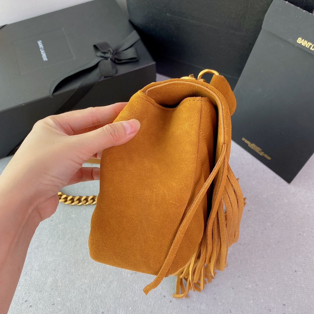 Luxury Saint Laurent COLLEGE TASSEL 24 IN ORANGE PEEL SUEDE GOLD HARDWARE