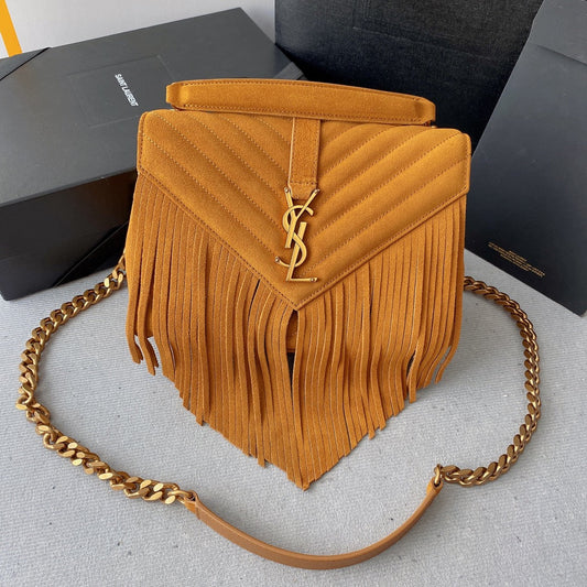 Luxury Saint Laurent COLLEGE TASSEL 24 IN ORANGE PEEL SUEDE GOLD HARDWARE