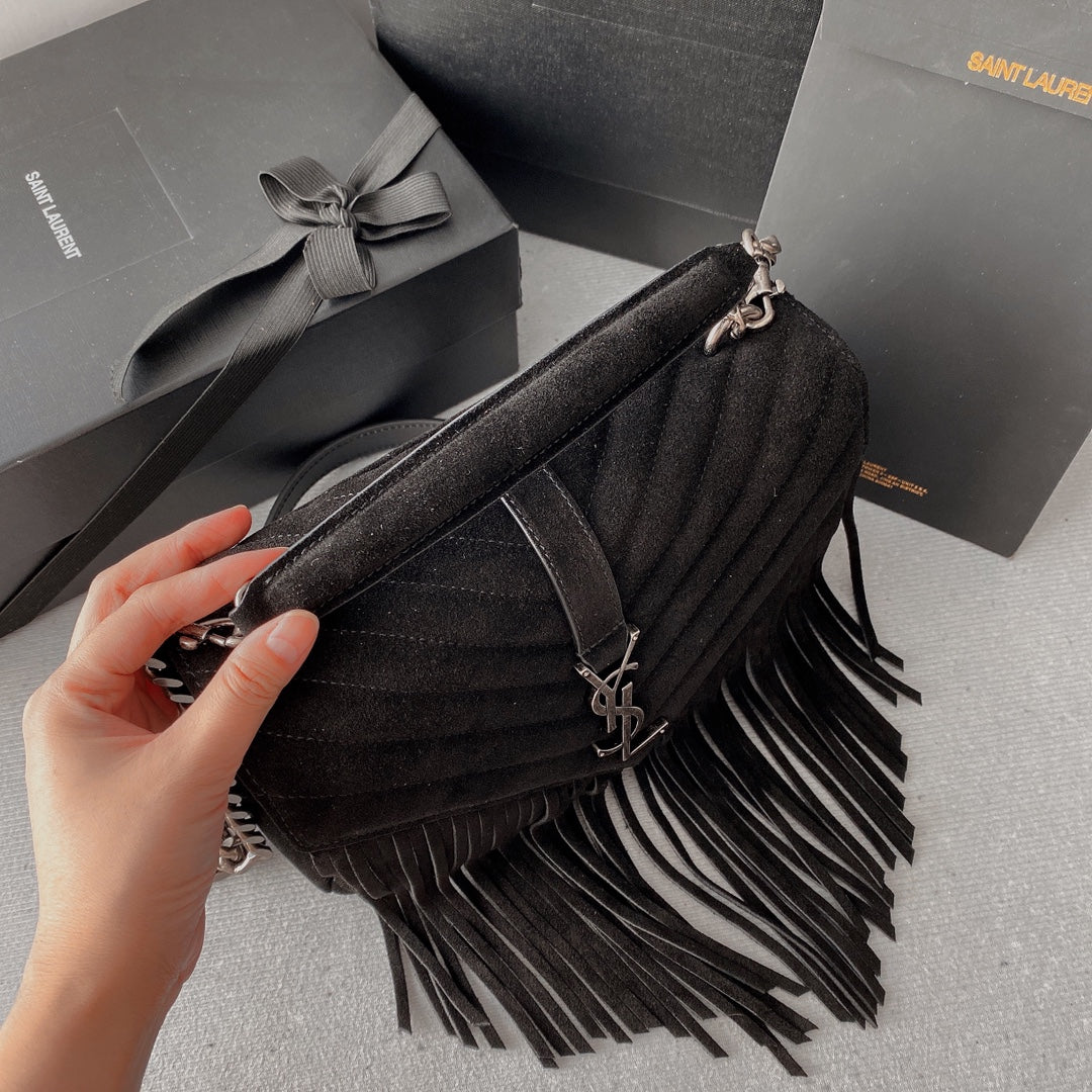 Luxury Saint Laurent COLLEGE TASSEL 24 IN BLACK SUEDE SILVER HARDWARE