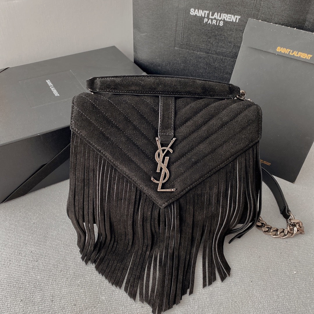 Luxury Saint Laurent COLLEGE TASSEL 24 IN BLACK SUEDE SILVER HARDWARE