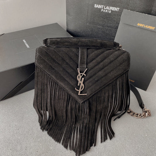 Luxury Saint Laurent COLLEGE TASSEL 24 IN BLACK SUEDE SILVER HARDWARE