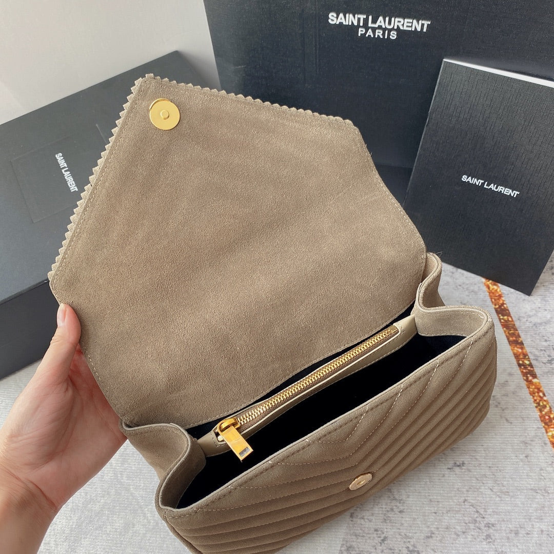 Luxury Saint Laurent COLLEGE TASSEL 24 IN LIGHT FAWN SUEDE GOLD HARDWARE
