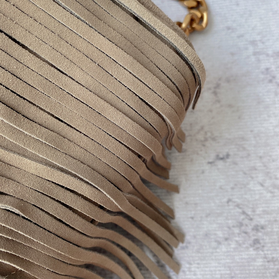 Luxury Saint Laurent COLLEGE TASSEL 24 IN LIGHT FAWN SUEDE GOLD HARDWARE