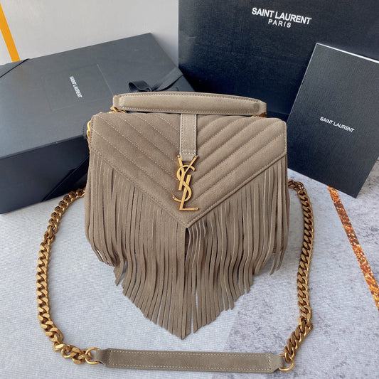 Luxury Saint Laurent COLLEGE TASSEL 24 IN LIGHT FAWN SUEDE GOLD HARDWARE