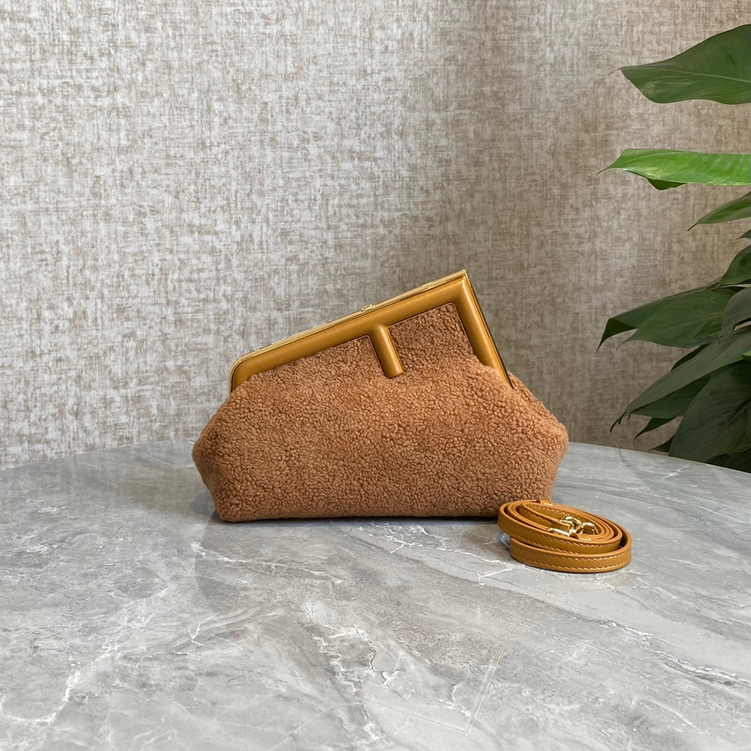 Luxury FendiLuxury FendiFIRST MINI 26 BAG IN CIDER BROWN WOOL WITH GOLD HARDWARE