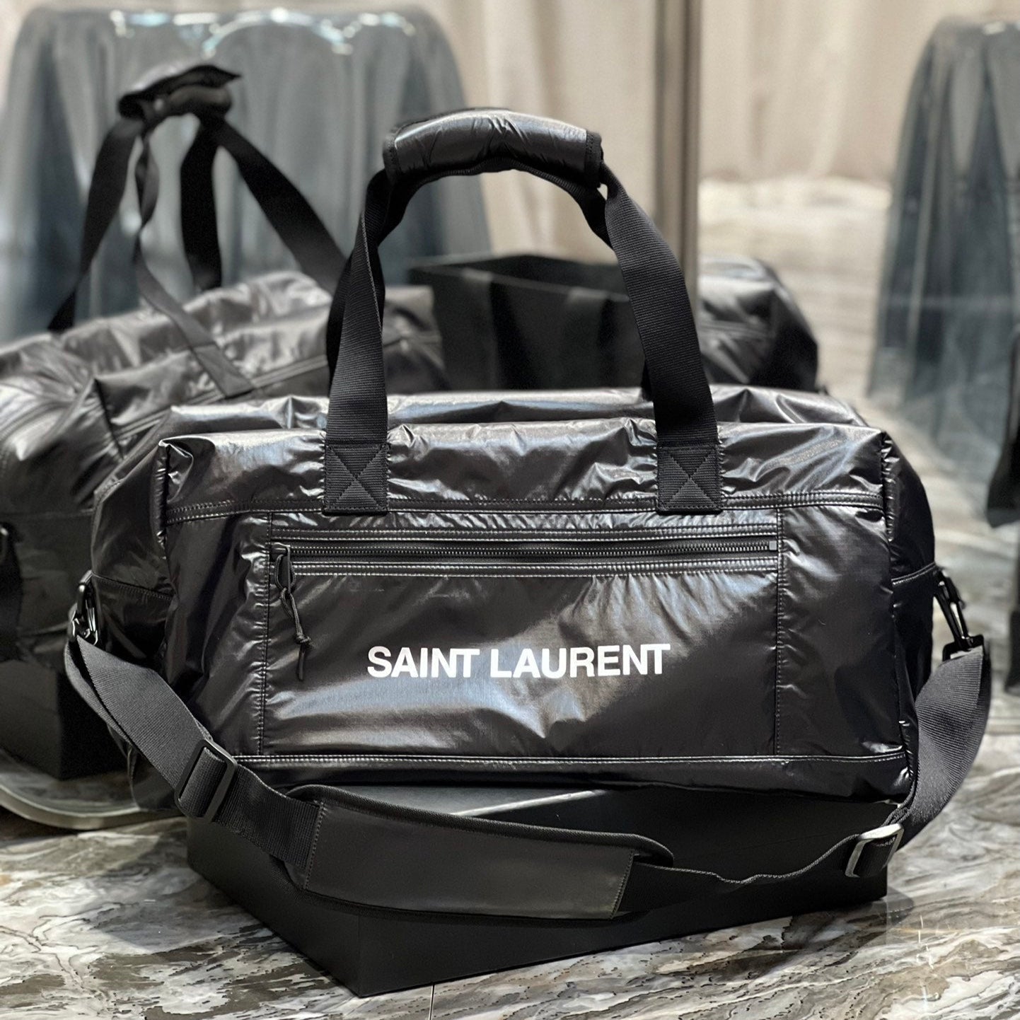 Luxury Saint Laurent TRAVEL TOTE BAG 50 IN BLACK POLISHED NYLON