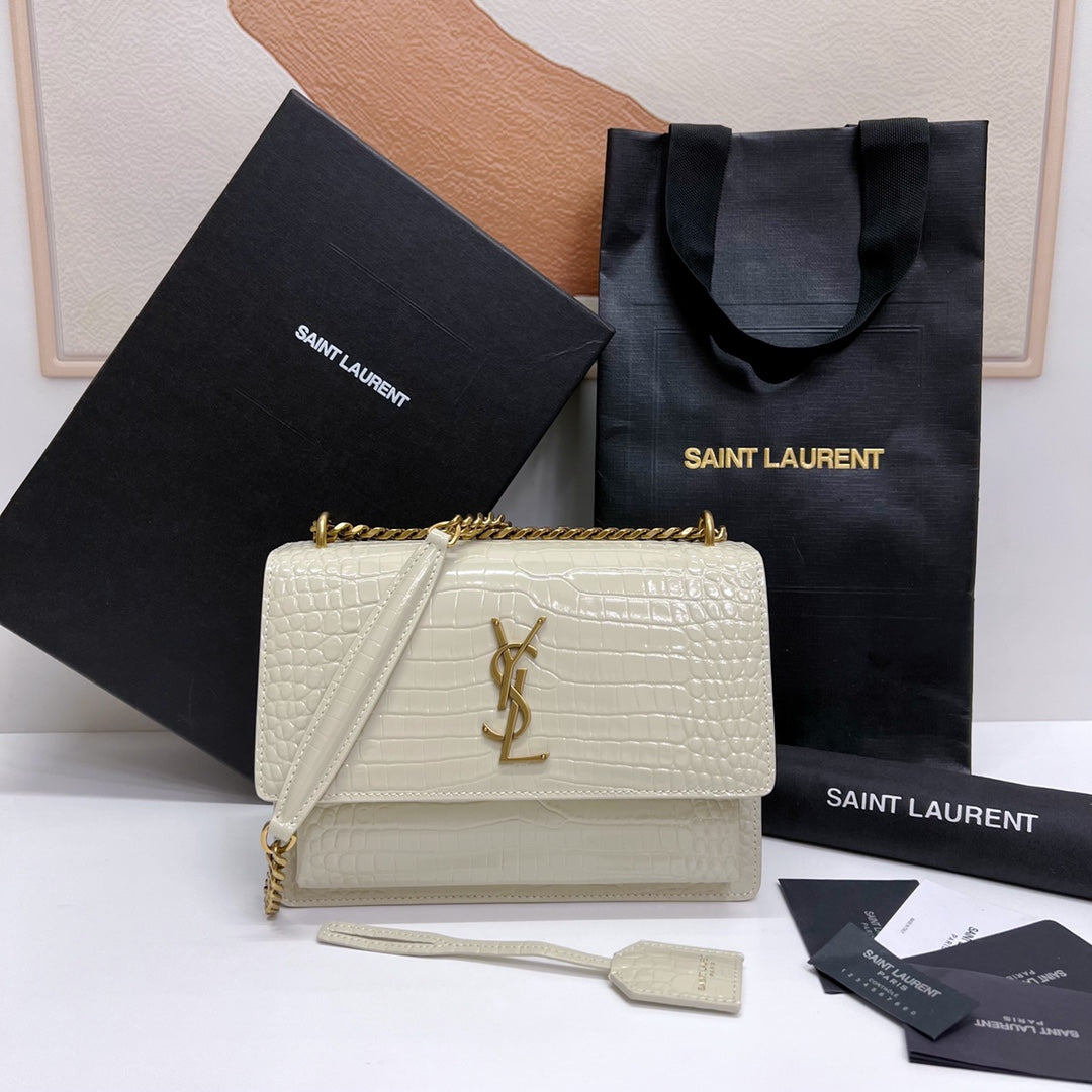Luxury Saint Laurent SUNSET MEDIUM 22 IN WHITE CROCODILE PATTERN CALFSKIN GOLD HARDWARE